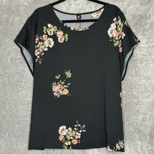 Shein 3X Shirt Top Black Pink Floral Flower Cap Short Sleeve Scoop Neck Stretch